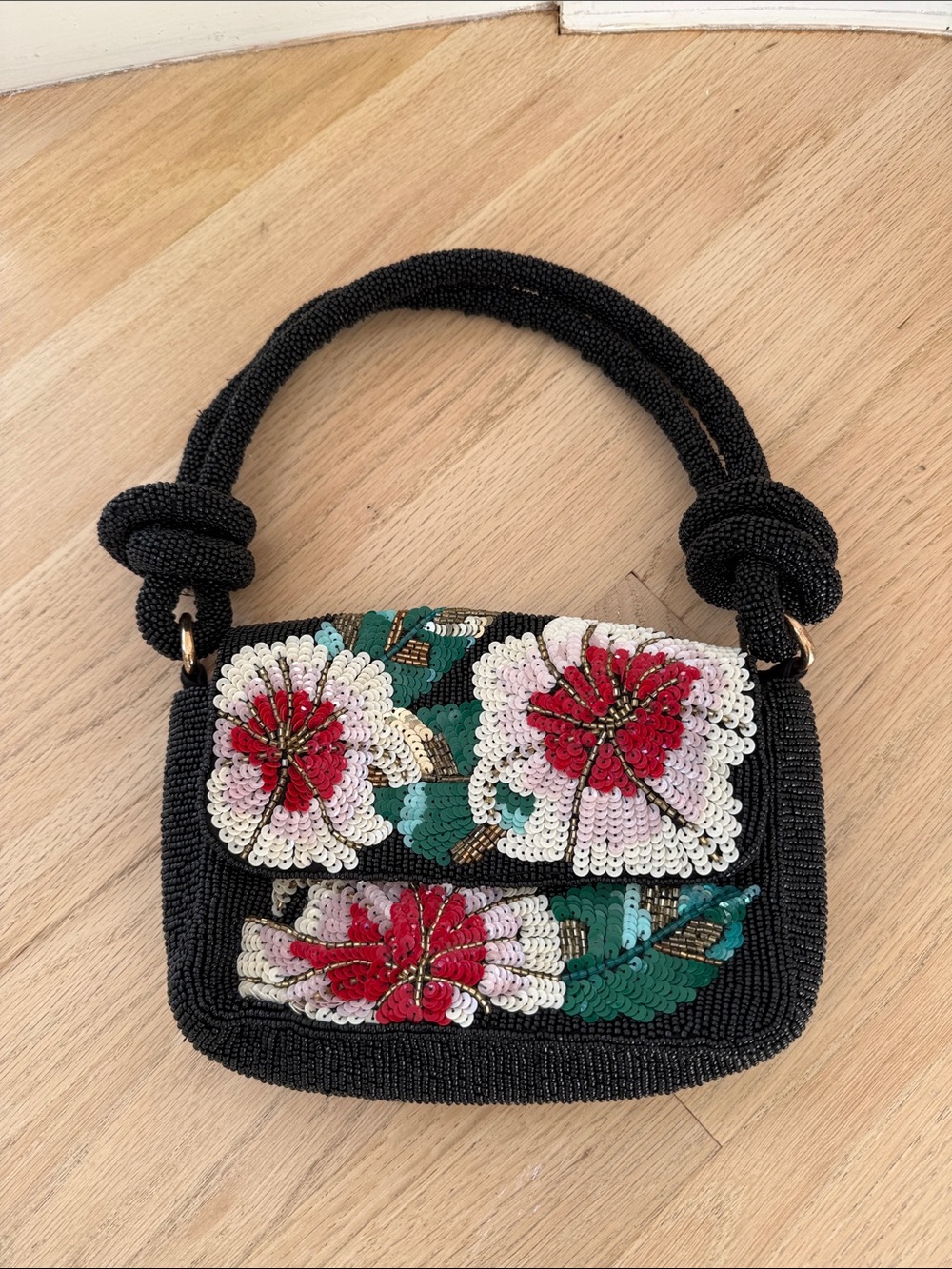 Black Beaded Floral Bag with Red & White Embroidery